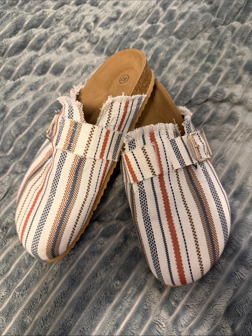 Striped Canvas Slip-On Clogs in White, Rust & Navy